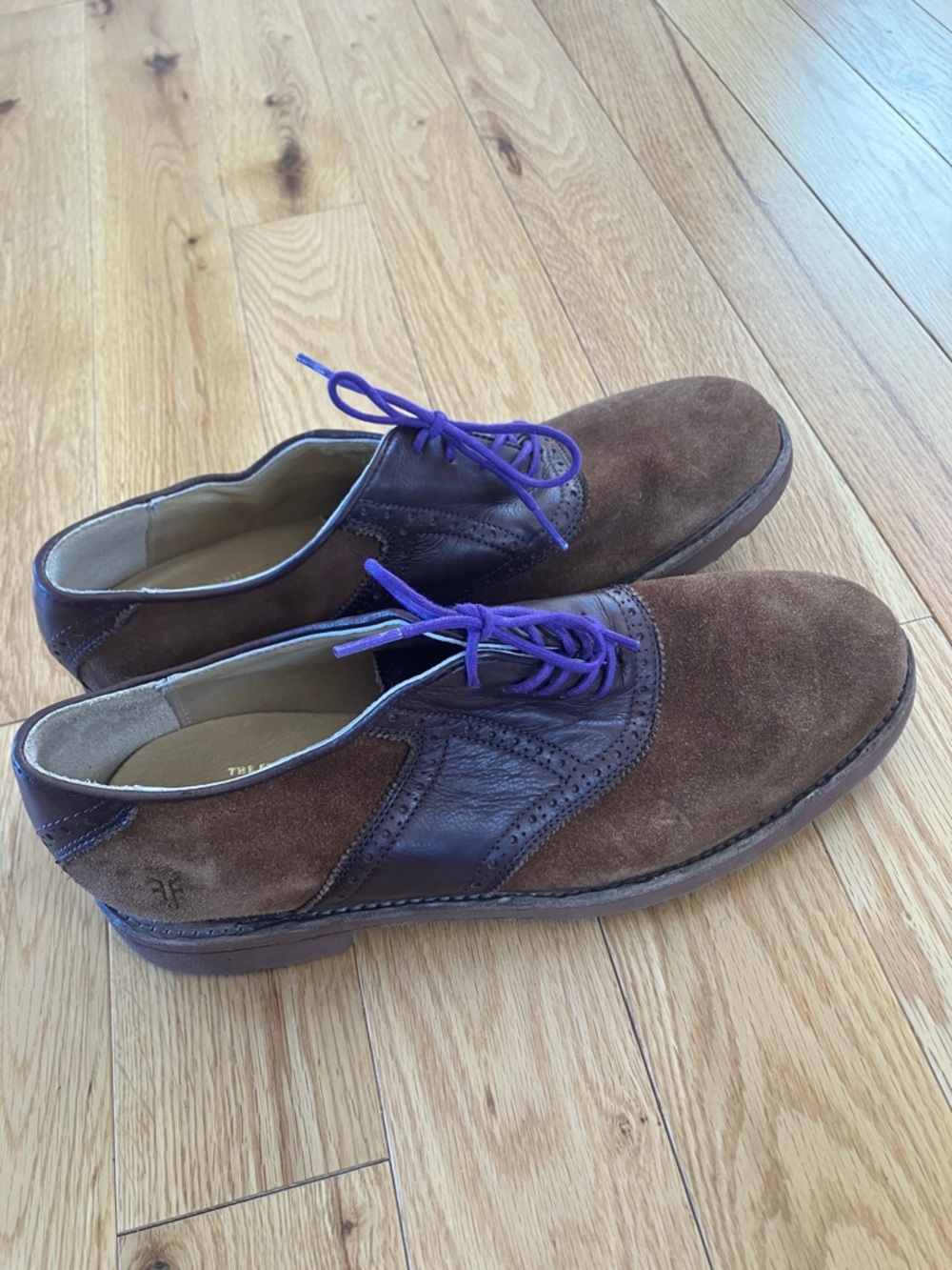 Frye Men's Saddle Brown Suede and Leather Wingtip Oxford Shoes with Purple Laces